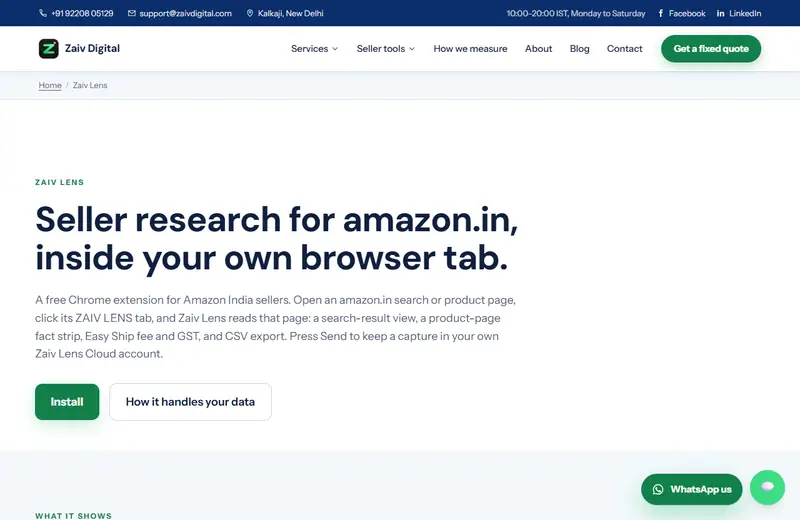 The Zaiv Lens extension page for amazon.in seller research